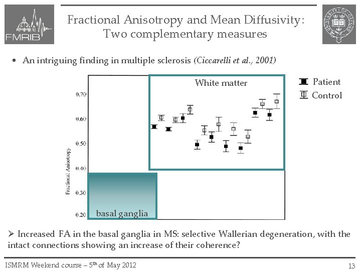 Fractional Anisotropy and Mean Diffusivity: Two complementary measures • An intriguing finding in multiple