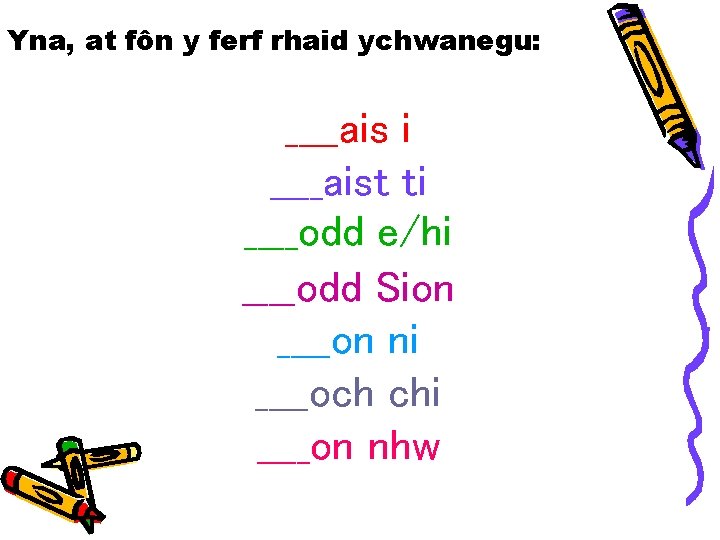 Yna, at fôn y ferf rhaid ychwanegu: ____ais i ____aist ti ____odd e/hi ____odd