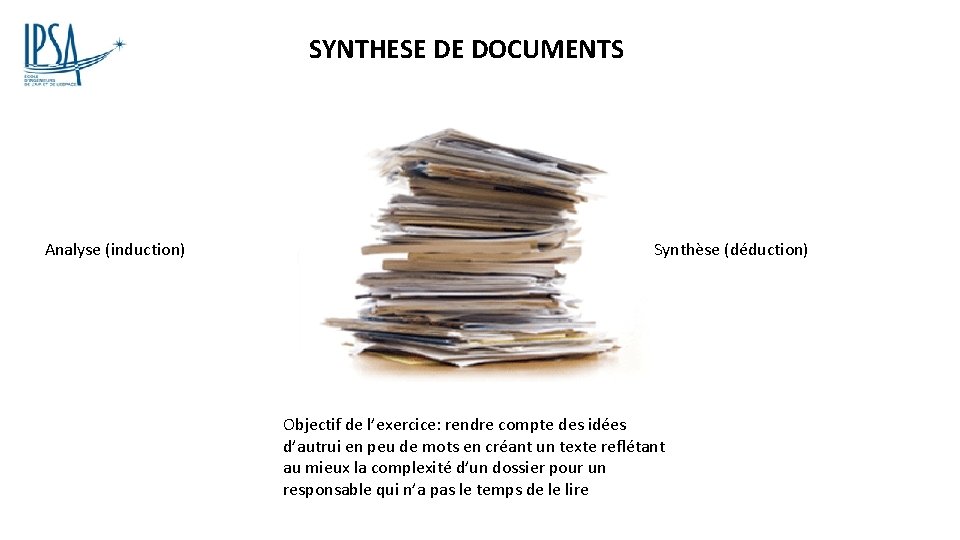 SYNTHESE DE DOCUMENTS Analyse (induction) Synthèse (déduction) Objectif de l’exercice: rendre compte des idées