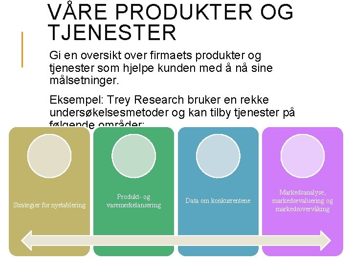 VÅRE PRODUKTER OG TJENESTER Gi en oversikt over firmaets produkter og tjenester som hjelpe