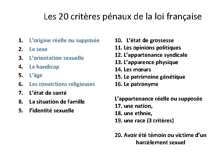 Les 20 critères pénaux de la loi française 1. 2. 3. 4. 5. 6.