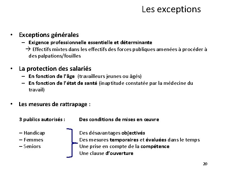 Les exceptions • Exceptions générales – Exigence professionnelle essentielle et déterminante Effectifs mixtes dans