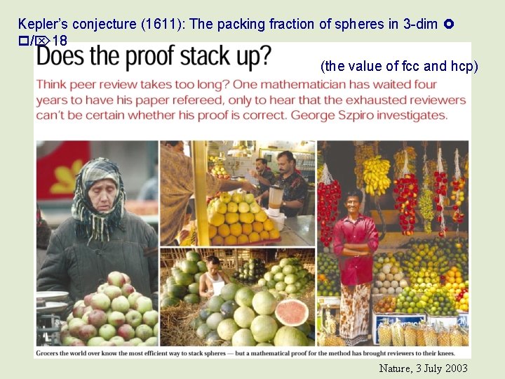 Kepler’s conjecture (1611): The packing fraction of spheres in 3 -dim / 18 (the