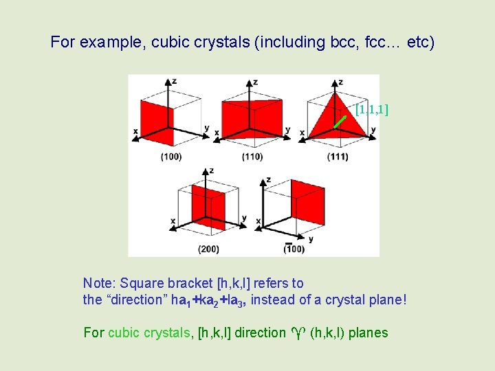 For example, cubic crystals (including bcc, fcc… etc) [1, 1, 1] Note: Square bracket