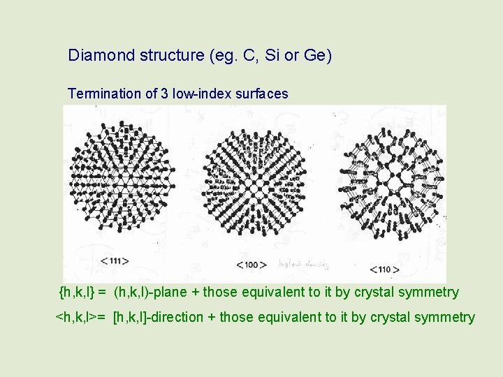 Diamond structure (eg. C, Si or Ge) Termination of 3 low-index surfaces {h, k,