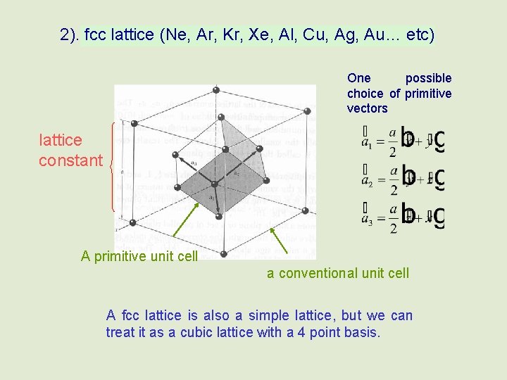 2). fcc lattice (Ne, Ar, Kr, Xe, Al, Cu, Ag, Au… etc) One possible