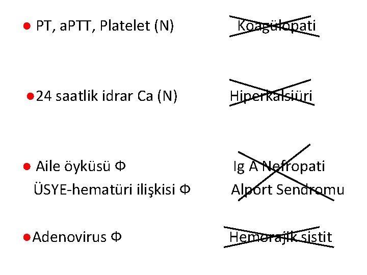 ● PT, a. PTT, Platelet (N) Koagülopati ● 24 saatlik idrar Ca (N) Hiperkalsiüri