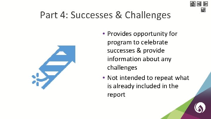 Part 4: Successes & Challenges • Provides opportunity for program to celebrate successes &