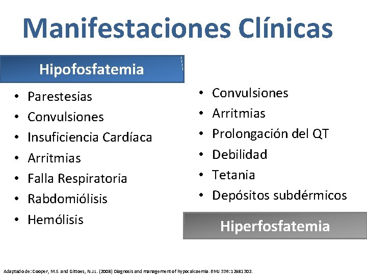 Manifestaciones Clínicas Hipofosfatemia • • Parestesias Convulsiones Insuficiencia Cardíaca Arritmias Falla Respiratoria Rabdomiólisis Hemólisis