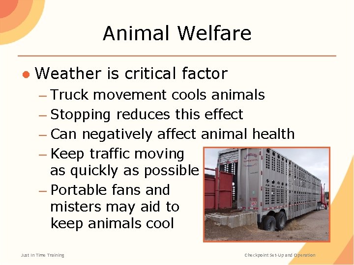 Animal Welfare ● Weather is critical factor – Truck movement cools animals – Stopping