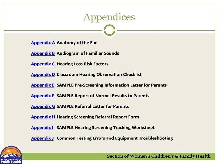 Appendices Section of Women’s Children’s & Family Health 