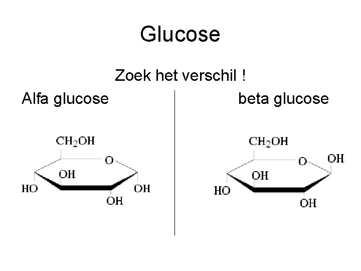 Glucose Zoek het verschil ! Alfa glucose beta glucose 