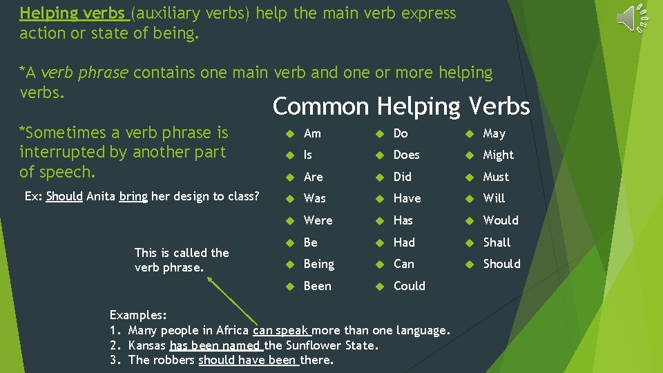 Helping verbs (auxiliary verbs) help the main verb express action or state of being.