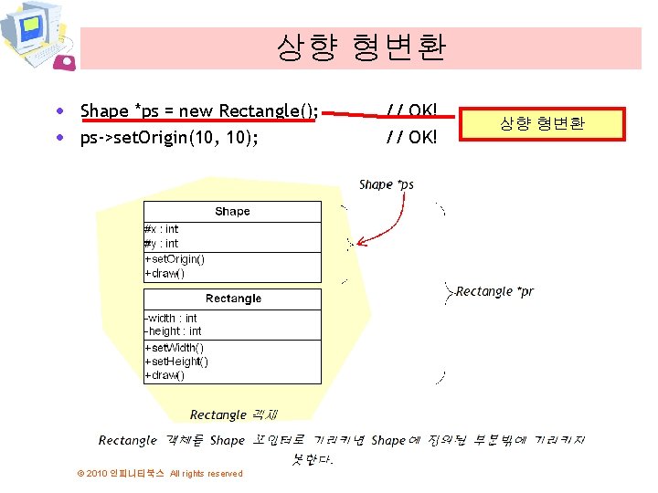 상향 형변환 · Shape *ps = new Rectangle(); · ps->set. Origin(10, 10); © 2010