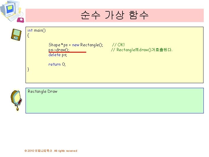 순수 가상 함수 int main() { Shape *ps = new Rectangle(); ps->draw(); delete ps;