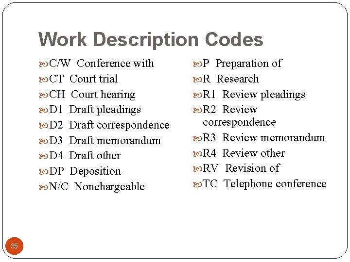 Work Description Codes C/W Conference with P Preparation of CT Court trial R Research