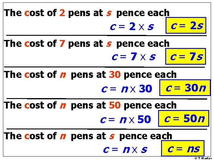 The cost of 2 pens at s pence each c=2 xs c = 2