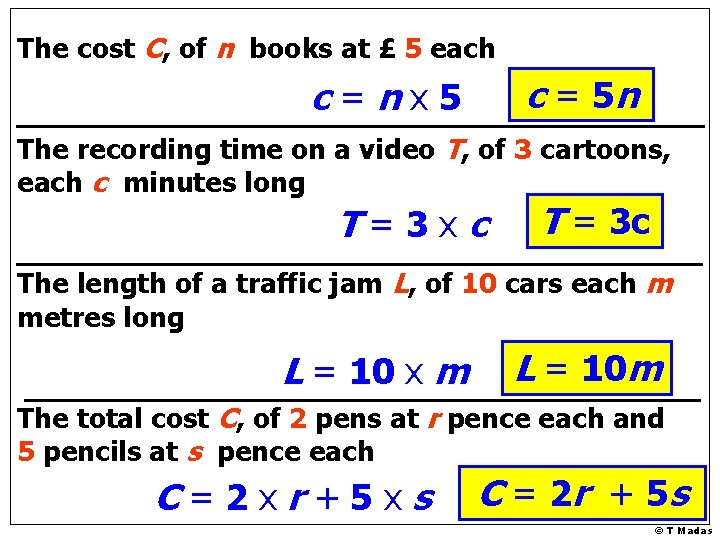 The cost C, of n books at £ 5 each c = 5 n