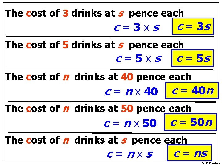 The cost of 3 drinks at s pence each c=3 xs c = 3