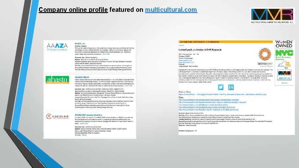 Company online profile featured on multicultural. com 