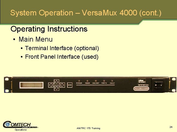 System Operation – Versa. Mux 4000 (cont. ) Operating Instructions • Main Menu •