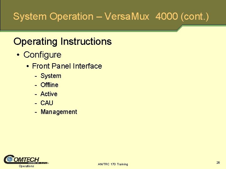 System Operation – Versa. Mux 4000 (cont. ) Operating Instructions • Configure • Front