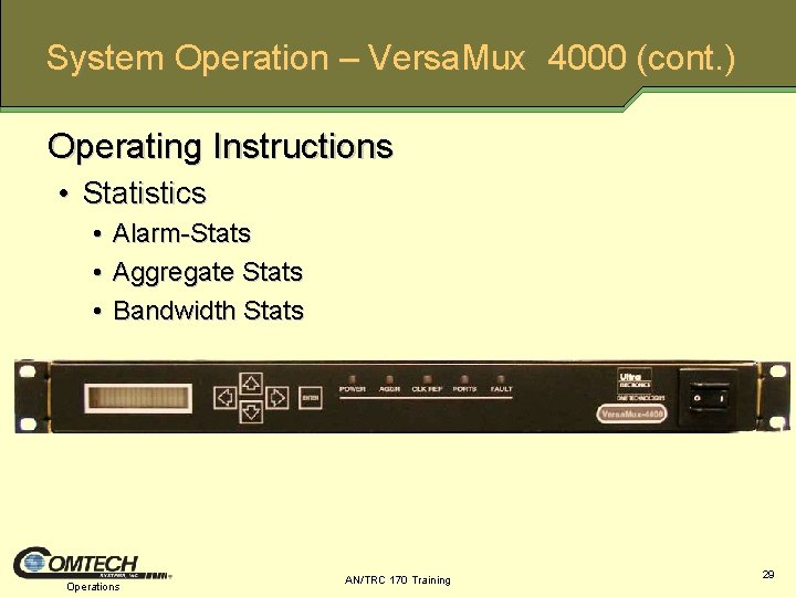 System Operation – Versa. Mux 4000 (cont. ) Operating Instructions • Statistics • •