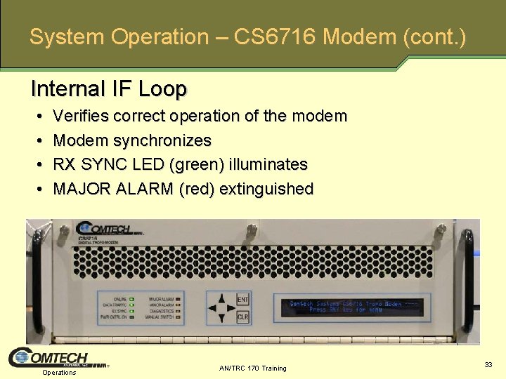 System Operation – CS 6716 Modem (cont. ) Internal IF Loop • • Verifies