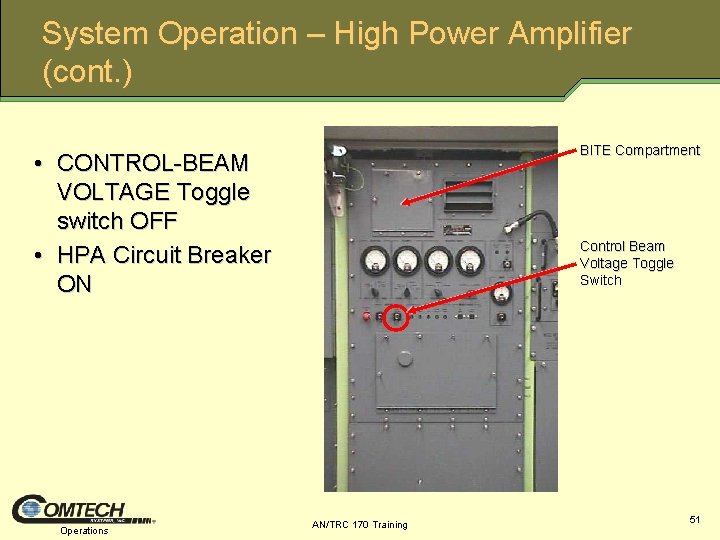 System Operation – High Power Amplifier (cont. ) BITE Compartment • CONTROL BEAM VOLTAGE
