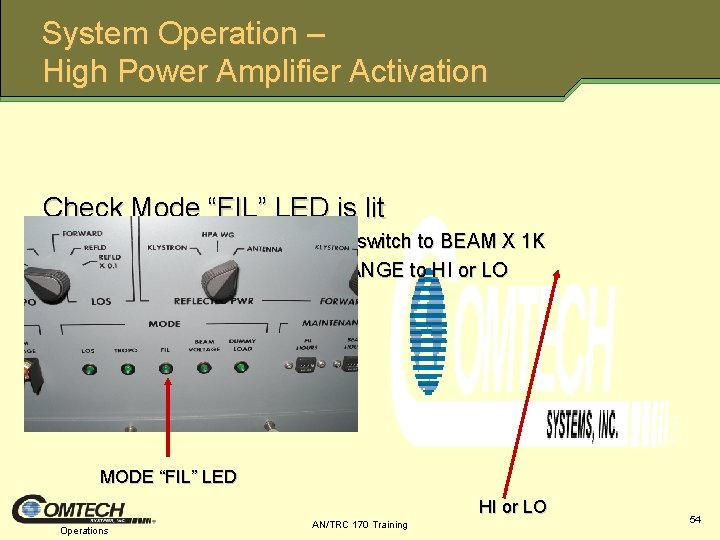 System Operation – High Power Amplifier Activation Check Mode “FIL” LED is lit •