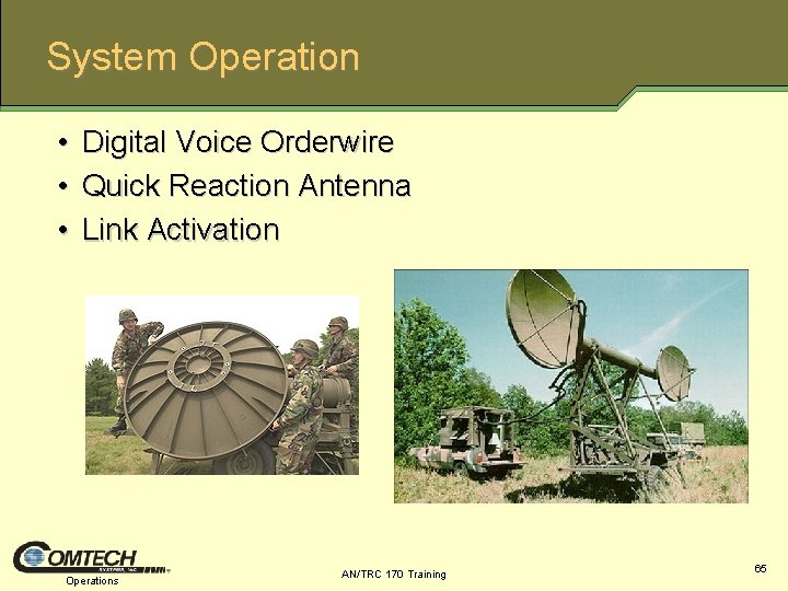 System Operation • • • Digital Voice Orderwire Quick Reaction Antenna Link Activation Operations