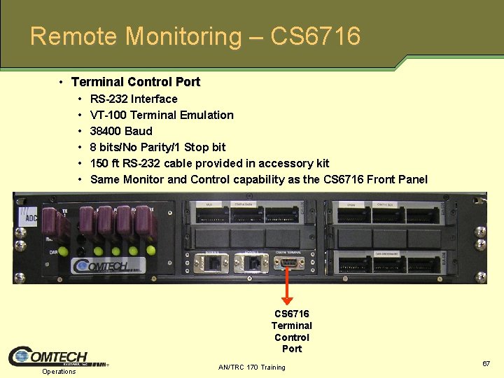 Remote Monitoring – CS 6716 • Terminal Control Port • • • RS-232 Interface