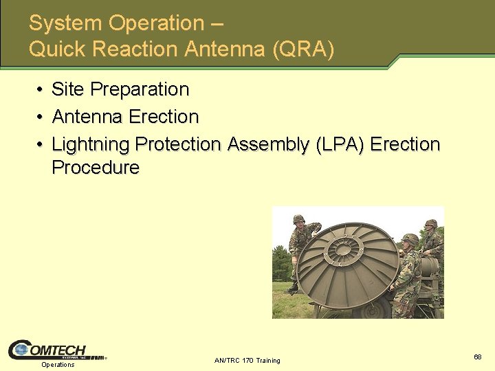 System Operation – Quick Reaction Antenna (QRA) • • • Site Preparation Antenna Erection