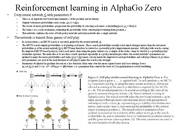 Reinforcement learning in Alpha. Go Zero • Deep neural network fθ with parameters θ.