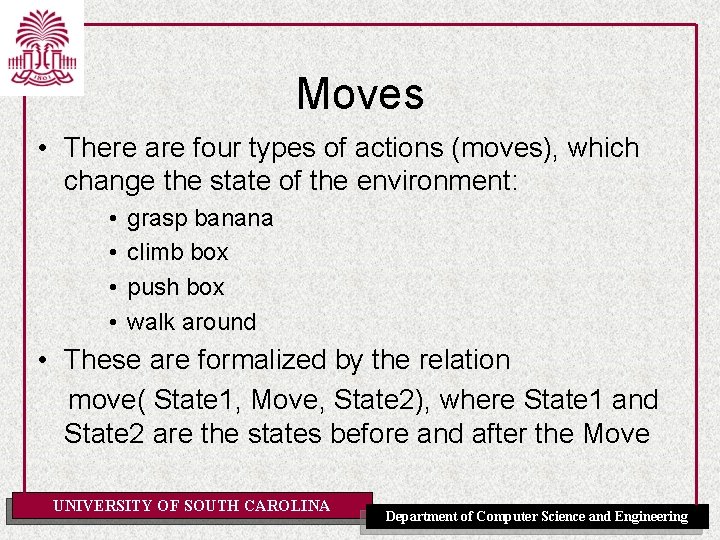 Moves • There are four types of actions (moves), which change the state of