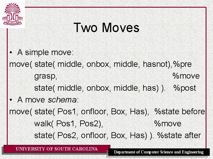 Two Moves • A simple move: move( state( middle, onbox, middle, hasnot), %pre grasp,