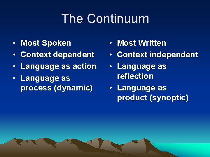 The Continuum • • Most Spoken Context dependent Language as action Language as process