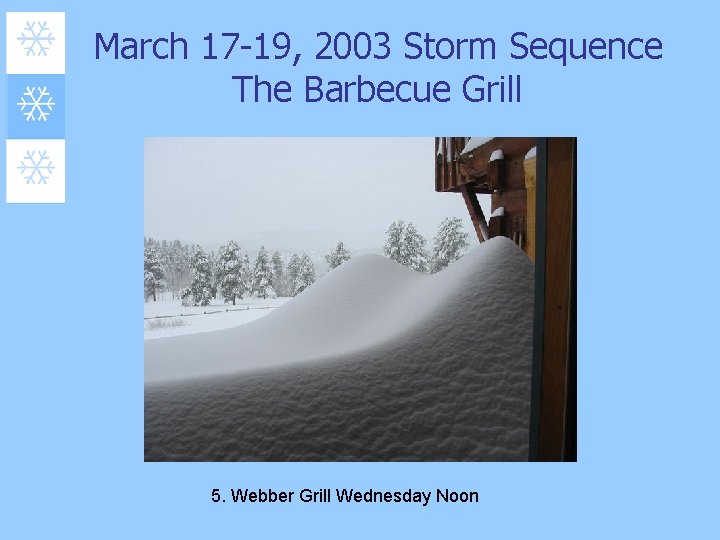 March 17 -19, 2003 Storm Sequence The Barbecue Grill 5. Webber Grill Wednesday Noon