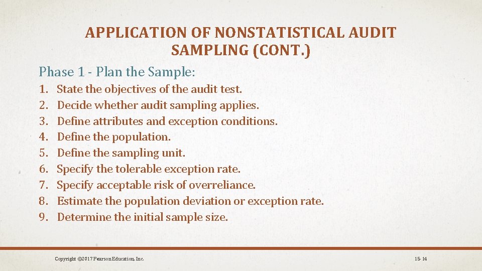 APPLICATION OF NONSTATISTICAL AUDIT SAMPLING (CONT. ) Phase 1 - Plan the Sample: 1.