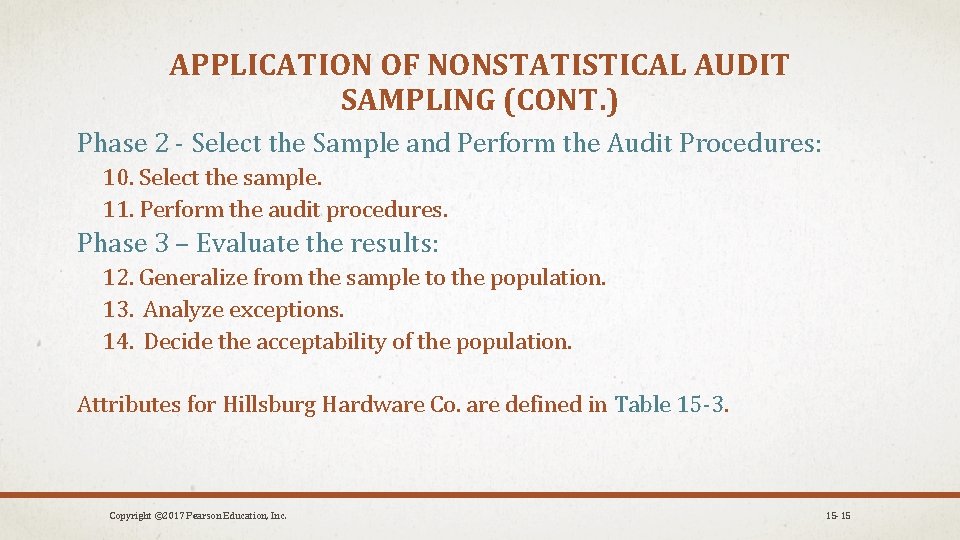 APPLICATION OF NONSTATISTICAL AUDIT SAMPLING (CONT. ) Phase 2 - Select the Sample and
