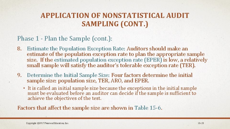 APPLICATION OF NONSTATISTICAL AUDIT SAMPLING (CONT. ) Phase 1 - Plan the Sample (cont.