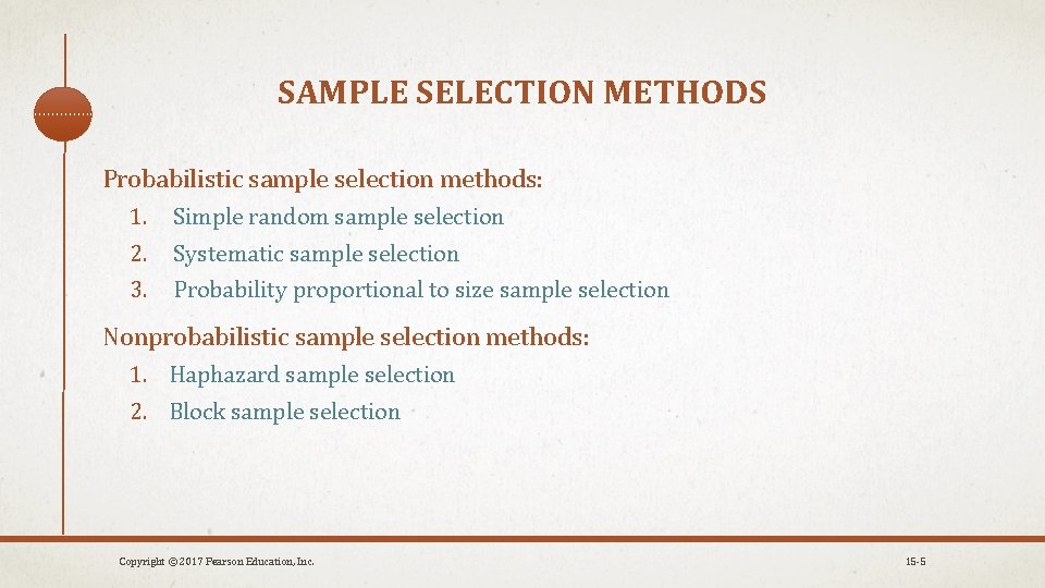 SAMPLE SELECTION METHODS Probabilistic sample selection methods: 1. Simple random sample selection 2. Systematic