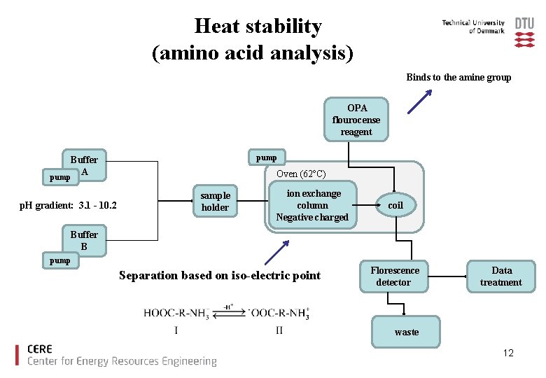 Heat stability (amino acid analysis) Binds to the amine group OPA flourocense reagent pump
