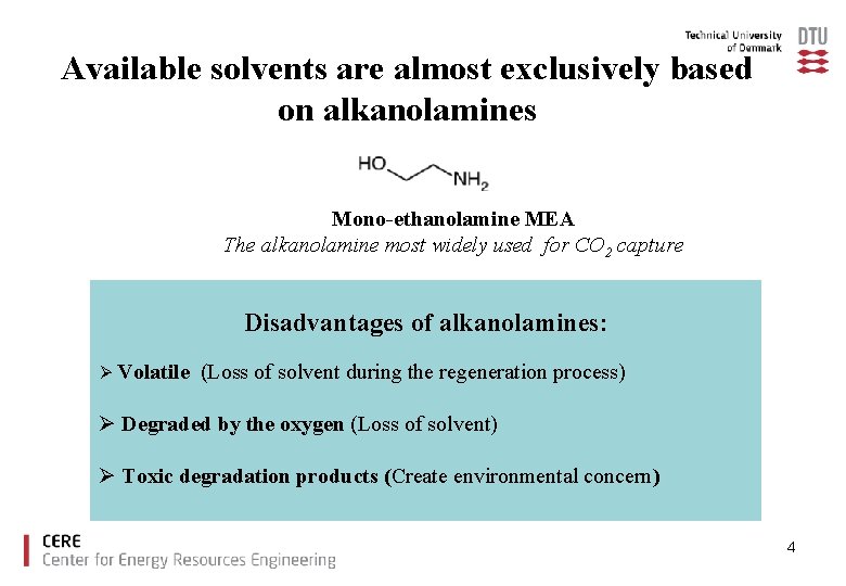 Available solvents are almost exclusively based on alkanolamines Mono-ethanolamine MEA The alkanolamine most widely