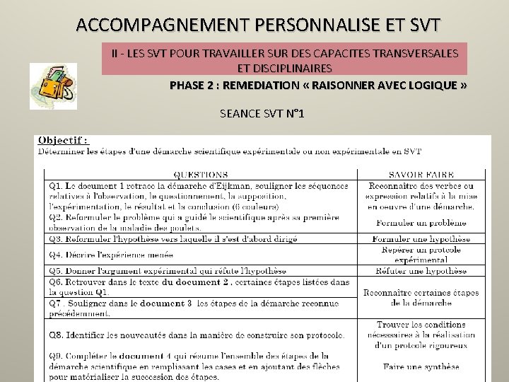 ACCOMPAGNEMENT PERSONNALISE ET SVT II - LES SVT POUR TRAVAILLER SUR DES CAPACITES TRANSVERSALES