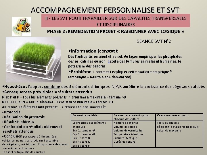 ACCOMPAGNEMENT PERSONNALISE ET SVT II - LES SVT POUR TRAVAILLER SUR DES CAPACITES TRANSVERSALES