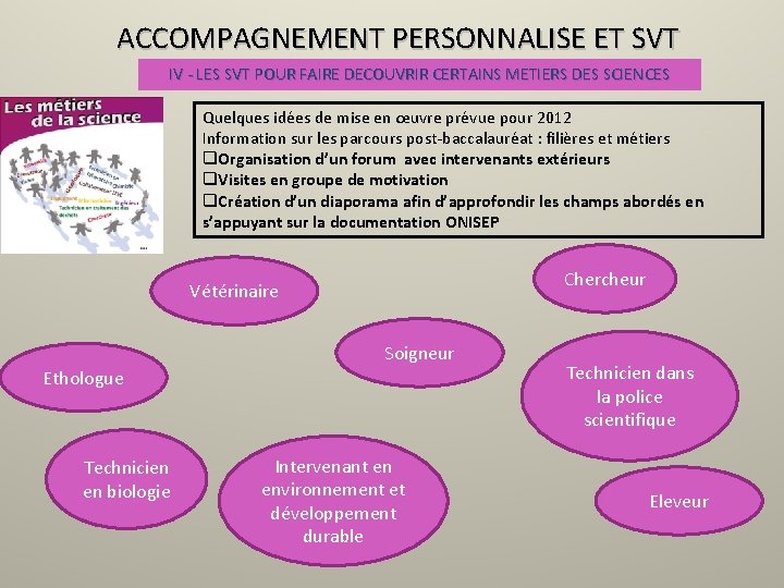 ACCOMPAGNEMENT PERSONNALISE ET SVT IV - LES SVT POUR FAIRE DECOUVRIR CERTAINS METIERS DES