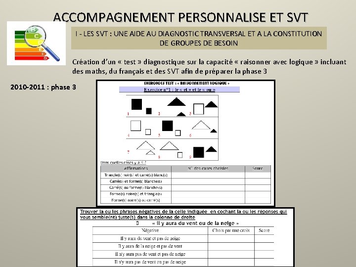 ACCOMPAGNEMENT PERSONNALISE ET SVT I - LES SVT : UNE AIDE AU DIAGNOSTIC TRANSVERSAL