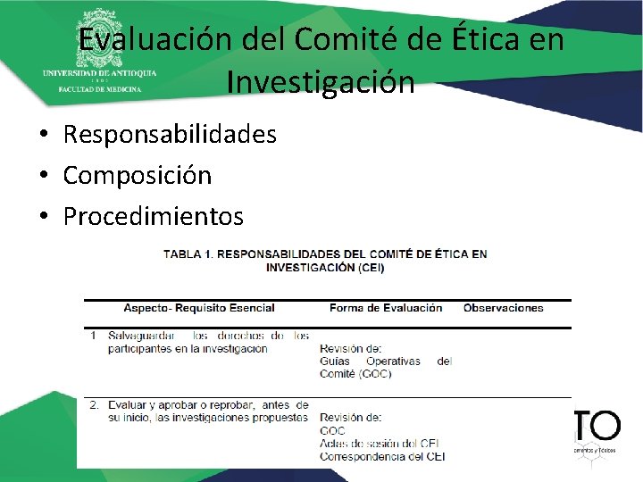 Evaluación del Comité de Ética en Investigación • Responsabilidades • Composición • Procedimientos 