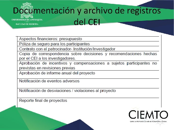 Documentación y archivo de registros del CEI 